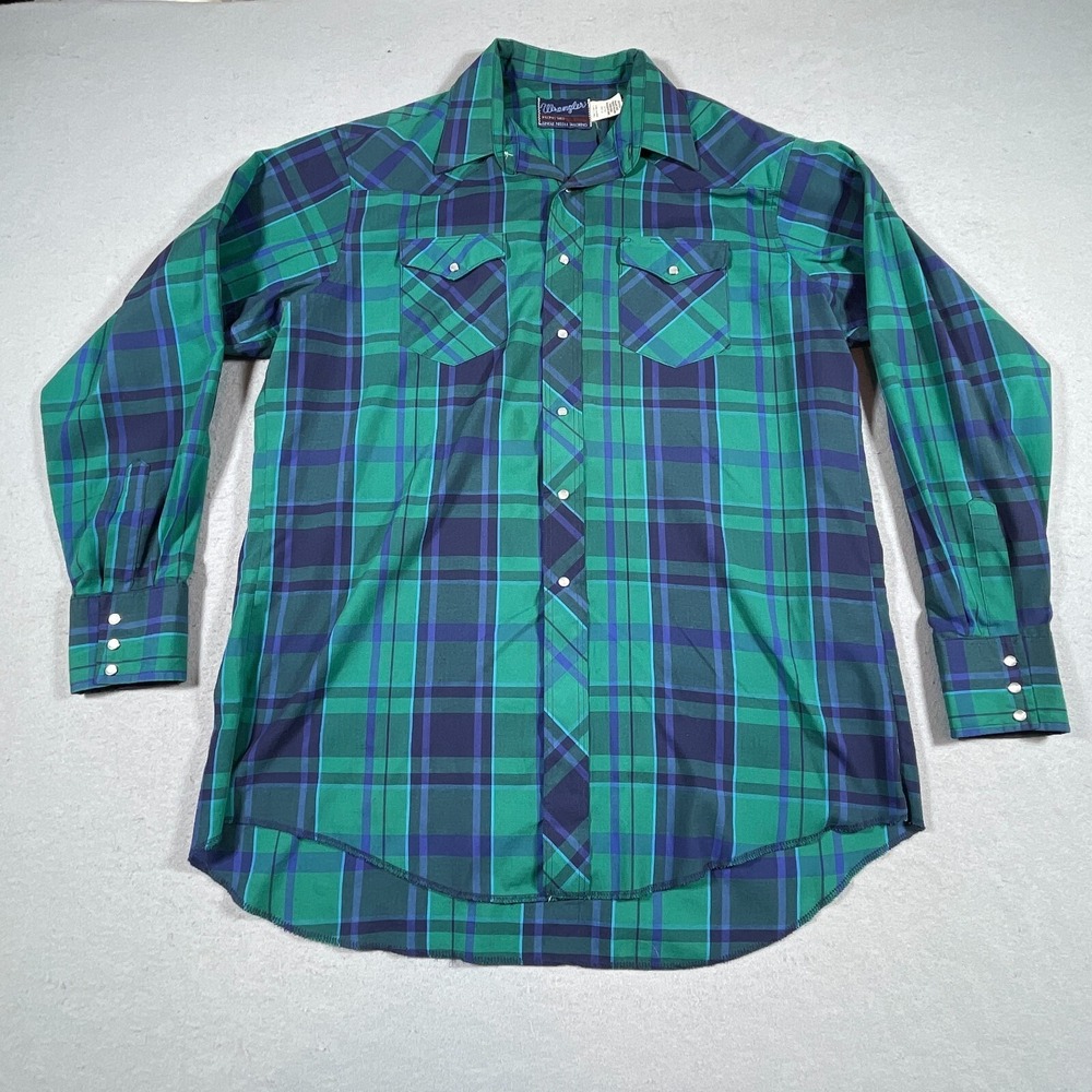 Wrangler Shirt‎ Men 18x37 Western Pearl Snap Green Blue Plaid Long Tail Western